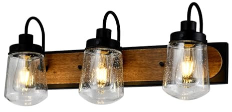 LQWELL® Wandleuchte E27, Wandlampe Innen 3 Flammig Retro Eisen-Holz-Wandbeleuchtung Wandspot für Schlafzimmer Wohnzimmer Studio Hotel Treppe, Mattschwarz, Glühbirne nicht enthalten