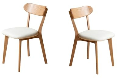 100% Solid Wood Upholstered Dining Chairs, Mid Century Modern Oak Dining Chairs with Curved Back Design with Butterfly Wing Shape for Kitchen, Dining Room, Restaurant (2PK, Log Color-Beige Cushion)