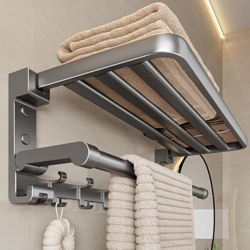 GMBAYUE Porta Asciugamani Bagno Ventosa, Mensola Portasciugamani con Barra Portasciugamani, Portasciugamani Pieghevole con Organizer Portasciugamani per Bagno, Hotel, Camper(60(24in))