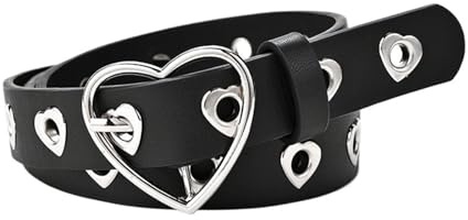 EKalgretrA Ledergürtel Damen Gürtel Leder Punk Gürtel mit verstellbaren Herzlöchern Schnalle Gürtel Kleid Jeans Cool Gürtel Frauen(Black)
