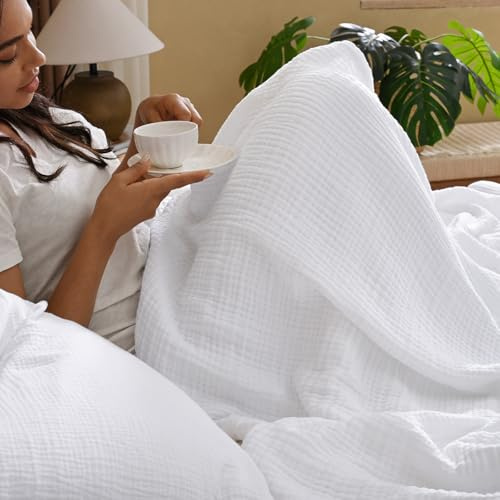 David's Home Pre-Washed 100% Cotton Muslin Blanket King Size, 4-Layer Soft Throw for Bed Couch, Breathable & Lightweight Blankets for Adults Hot Sleepers, Room Decor, Luxury Gift, White, 108 * 90