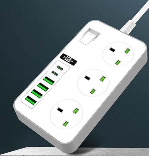 Extension Power Strip Extension Lead with 3 Outlets, 6 USB Ports (2 USB-C PD, 4 USB-A), 2m Cord, 3000W, 16A