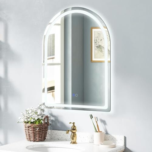 RELAX4LIFE Badspiegel mit Beleuchtung, Wandspiegel Halbrund 80 x 60 cm, LED Badezimmerspiegel mit Touchschalter, Speicherfunktion, Beschlagfrei, Lichtspiegel 3 Lichtfarben dimmbar, Rahmenlos