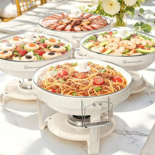 WARMOUNTS 4 Pack 5L White Chafing Dish Buffet with Glass Lid | Maifanite-Coated Round Food Warmers Set, Rolled Rim Stackable Chafers with Lid Holder for Party, Wedding