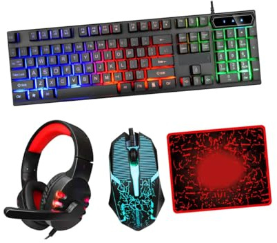 OSALADI Wired Gaming Keyboard Mouse Headset Set with Rgb Backlit 104 Keys and 4 Button Optical Mouse, Abs Material, USB 2.0 and 3.5mm Connectivity for Home Office Gaming Setup