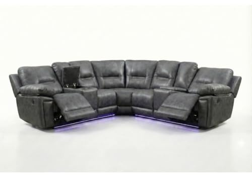 Sara Leather Electric Recliner Sofa With Cupholders - Leather Corner Sofa - Power Recliner - USB Charging Ports - LED Lights - Grey