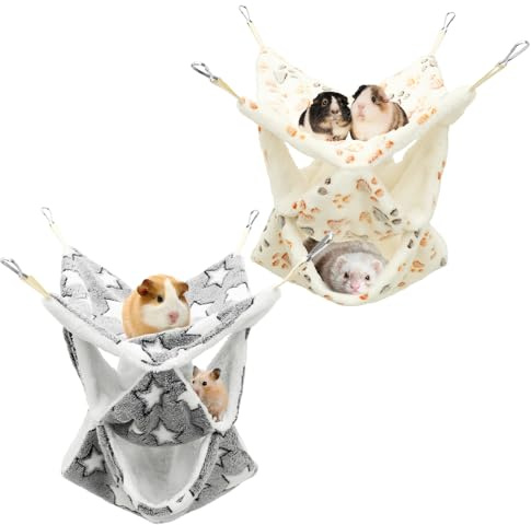 KTCINA 2Pcs Small Animal Hanging Hammock 3 Tiers Ferret Guinea Pig Rat Hammock Soft and Fluffy Hamster Hanging Bed Pet Cage Hammocks for Chinchilla Parrot Squirrel Hamster Rat Playing Sleeping