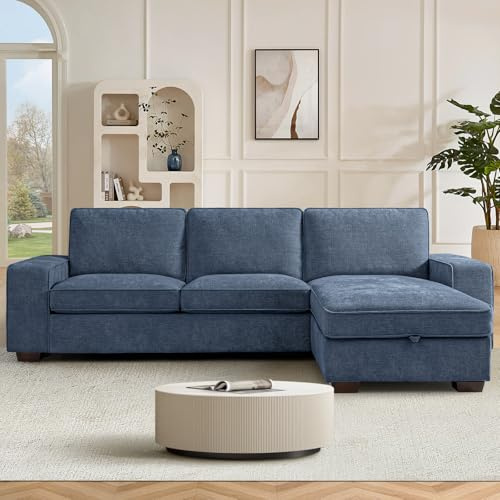 DUANDUAN 250CM Convertible Sektionssofa Couch mit Chaise Lagerung, Moderne L-förmige Reversible Design, Bequeme Chenille Stoff, abnehmbare Kissenbezüge USB Type-C Ports (Blue, 3-sitzer L-Form)