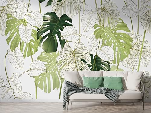 Boceoey Papier Peint Panoramique Feuilles de Palmier Plante Tropicale 3D - Motif Aquarelle Minimalisme - Décoration Murale pour Salon & Chambre, Intissé Autocollant Papier Mural, 450x315 cm N-873