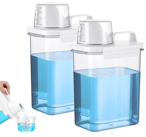FxlStelrion 2 Stycken 1800ml TväTtmedelsdispenser med MäTkopp, Lufttät Tvättmedelslåda, Tvättmedelsförvaring Förvaringsbehållare, Multifunktionell Organisatör för TväTtmedel, SpannmåL, MjöL, Kattmat