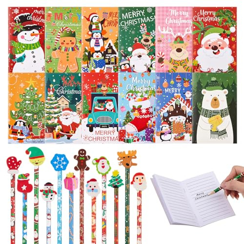 Tenare 24 Stück Weihnachten Schreibwaren Set,12 Mini Notizblock Weihnachten,12 Weihnachten HB Bleistifte Mit Radiergummi,Weihnachten Cartoon Notebook,Holz Stifte für Weihnachten Winter Feiertage