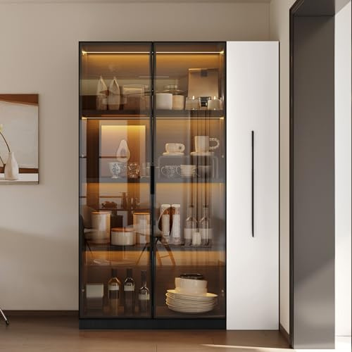 LARFOEK Vitrine mit LED Beleuchtung, Multifunktionsschrank mit 2 Glastüren, Glasvitrine Stehend mit 4 Böden Standvitrine, Vitrinenschrank mit Schienenauszug-Regalenücherregal (110,5×35×160 cm)
