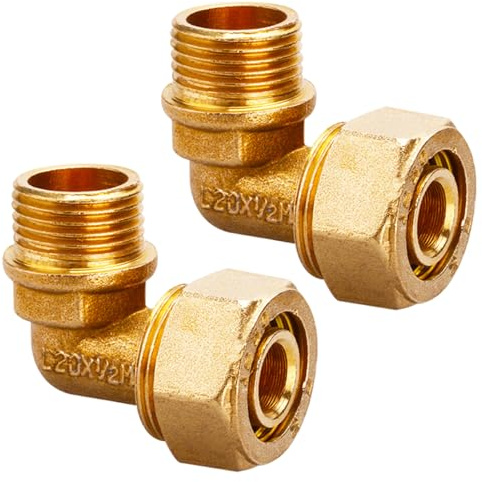 2 Stück 90 Grad Schraubfitting Winkel, Ø20x2 mm, Schraubfitting 90° Winkel mit 1/2 AG, Klemmverschraubung für Kupferrohr, DVGW, UBA Konform, für Mehrschicht Verbundrohr, PEX-Rohre, Aluverbundrohre