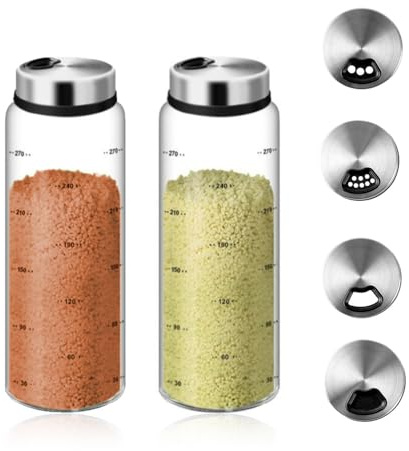 300 ml tarros de especias con tapa giratoria: 2 tarros de especias, con 3 tipos de agujeros para especias, vidrio de borosilicato, especiero de cristal, tarros grandes para la cocina, cocina, barbacoa