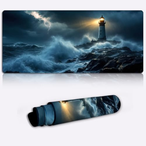 lighthouse battles storm Mouse Mat Extended for Gamers, Non-Slip Base Office Home Novelty Printed Desk Accessory Large Laptop Desktop Printed Art Ergonomic 600 * 350 * 4mm