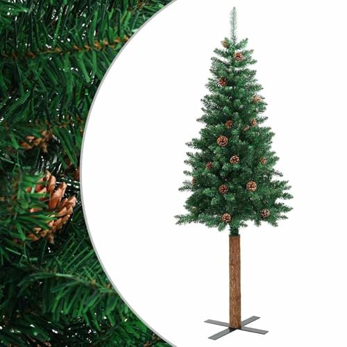 Gecheer Albero di Natale Sottile, Albero di Natale in PVC e Legno Vero con Pigne, 150cm di Altezza, 66cm di Diametro, per Decorazioni Natalizie in Casa e all'Esterno
