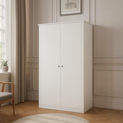 Home Treats White 2 Door Wardrobe for Bedroom | Modern Storage Cupboard with Hanging Rail & Shelf | Wooden Cabinet for Clothes, Contemporary Design | H 170cm x W 80cm x D 50cm