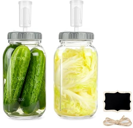 Jinfanshurich 2 stycken 2 l fermenteringsglas, kimchi jäsningsglas med luftlås och lock, glasbehållare för fermentering av kimchi, surkål, kefir och surdegstartare