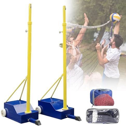 Volleyball-Pfosten für den Garten, robustes Volleyball-Set mit 2 Netzen für drinnen und draußen, höhenverstellbar von 1,55m-2,1m, Badminton-Trainingsset mit Rollen, für Erwachsene, Kinder