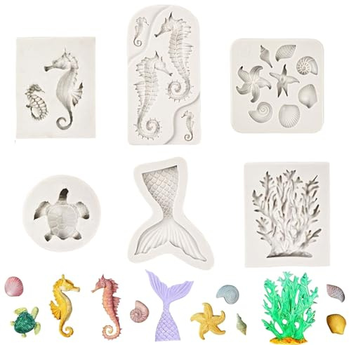 6 moldes de silicona para animales marinos, moldes 3D de silicona para velas y fondant, aleta de sirena, concha, estrella de mar, decoración para tartas de bricolaje, chocolate, dulces, jabón