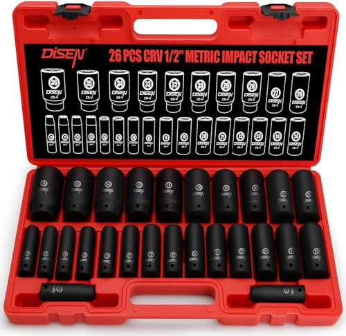 DISEN 26 PCS 10mm-36mm 1/2 Impact Socket Set, Deep Sockets Set Impact, 6-Point,Cr-V,Rugged Construction 1/2 Inches Drive Socket, with a Storage Case