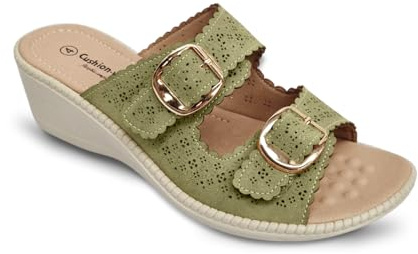 Womens Wide Fit Wedge Sandals EEE Fitting Twin Buckle Open Toe Strap Slip On Mule Beach Holiday Ladies Summer Massage Footbed (Sage Green, UK Footwear Size System, Adult, Women, Numeric, Wide, 5)