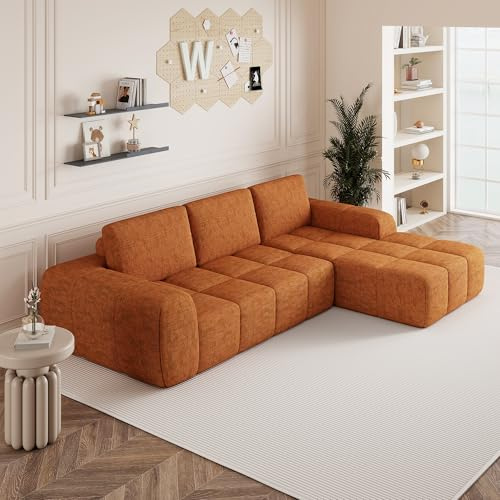 ET 255cm Ecksofa Modulares Sofa, Chenill Luxus Eckcouch L-Form-Couch-Set Mit Abnehmbaren Kissen, Gepolsterte Sofas Mit Schlaffunktion Für Das Wohnzimmer,Wohnung, Büro, Keine Montage(Orange)