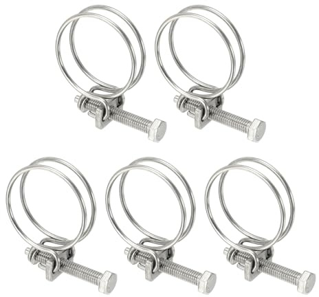 sourcing map 5 Pcs Double Wire Hose Clips 30-34 mm Stainless Steel Adjustable Wire Pipe Tube Clamps with M6 Screw Plumbing Joint Fastener for Dust Collection Pool Pond, Silver
