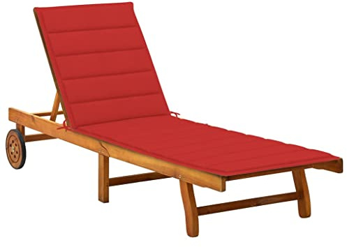 Tmriohed Lettino prendisole con cuscino in legno di acacia, sdraio da giardino regolabile con ruote e ripiano, sedia a sdraio per giardino, terrazza e balcone, 200 x 63 cm (rosso)