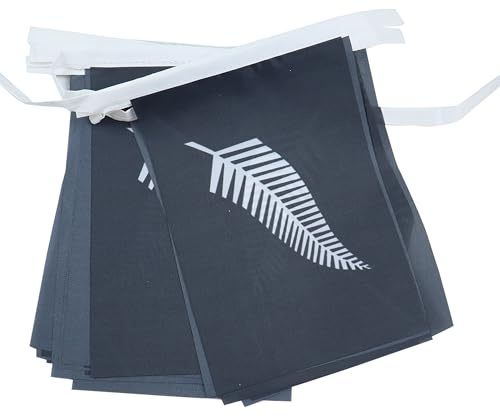 AZ FLAG Wimpelkette Neuseeland All Black 6 m 20 Flaggen Leichtes Polyester | Für innen und außen Neuseeländische Flaggenkette New Zealand Fern Black with inscriptions