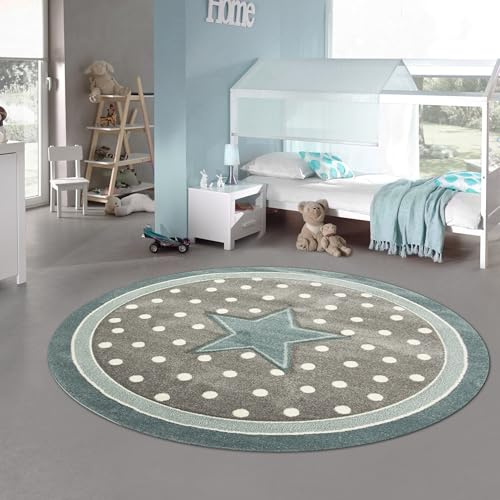 Traum Kinderteppich Kinderzimmerteppich Babyteppich rund Stern in Türkis Grau Weiss Größe 80 cm Rund