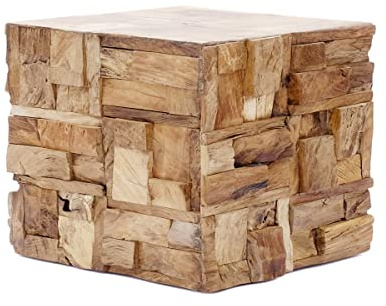 Brillibrum Design | Teakholz Beistelltisch | Treibholzhocker Teakholz Mosaik | Handmade | quadtaischer Couchtisch | 40 x 55 x 55 cm (H x B x T)