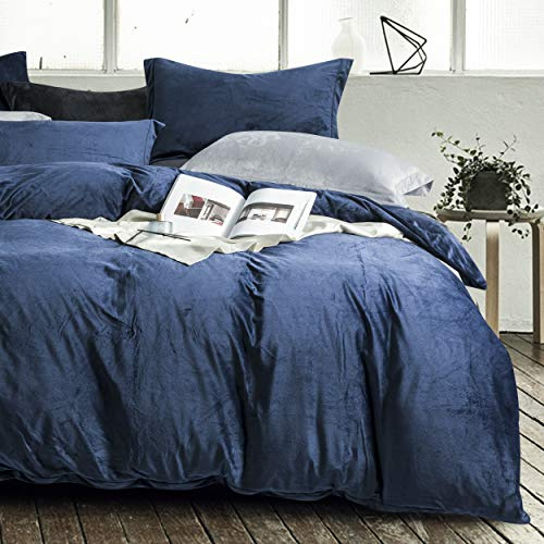 NTBAY Velvet Flannel Queen Duvet Cover Set, 3 Pieces Zippered Comforter Cover Set, Navy Blue