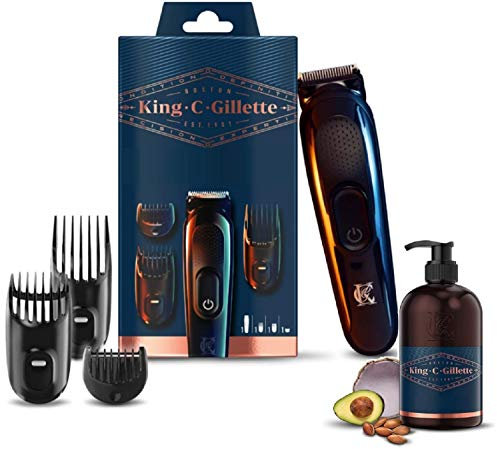 King C. Gillette Recortadora de Barba y Cortapelos Inalámbrica, con Cuchillas y 3 Peines Intercambiables + Gel para Barba y Rostro con Agua de Coco, Aceite de Argán y Aceite de Aguacate, 350 ml