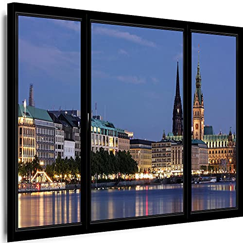 Myartstyle - Bilder Fensterblick Städte Hamburg 150 x 100 cm LeinWandBilder Xxl - 1 Teilige WandBilder Art 3D Modern Kunstdrucke KM-aB-1043-36