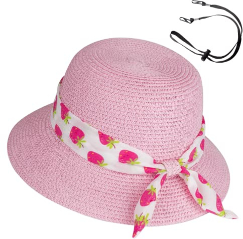 Flickor sol halmhatt barn sommar strand packbara hattar söt diskett keps justerbar storlek med hakrem i 5-10 år, Rosa, one size