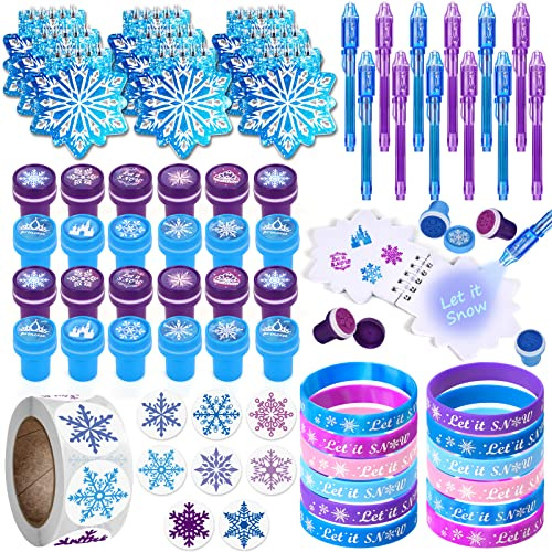 Latocos 61stk Schneeflocke Party Mitgebsel Mädchen mit Schneeflocke Unsichtbare Tinte Stift Notizbuch Burg Krone Stempel Silikonarmband Aufkleber Give Aways Kindergeburstag Gastgeschenke