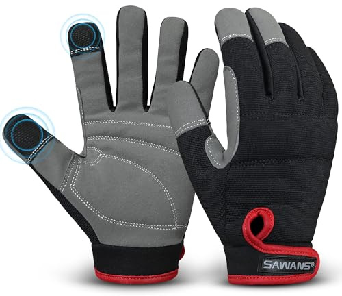 SAWANS Mens Work Gloves Women Safety Mechanic Working Gloves Utility Multipurpose Gardening Construction Touch Screen Flexible Breathable Padded Knuckles & Palm Heavy Duty