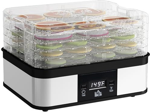 HOMCOM 5 Tier Food Dehydrator, 245W Stainless Steel Food Dryer Machine with Adjustable Temperature, Timer and LCD Display for Drying Fruit, Meat, Vegetable, Jerky and Pet Treat, Black