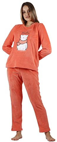 ADMAS Pijama Mujer Invierno Manga Larga Hello Winter de Tejido Grueso Calentito con Cuello Redondo y Pantalón Largo Corel - Cinturilla Ajustable y Diseño Exclusivo Coral