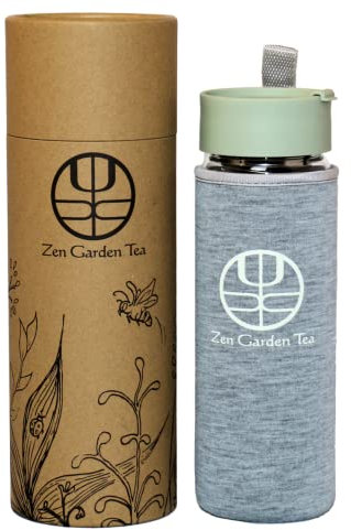 Zen Garden Tea Botella infusora – Botella de vidrio perfecta para té de hojas sueltas caliente o fría, agua con infusión de frutas, infusor de té de viaje con funda aislada, 600 ml/20 onzas