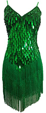 Womens Flapper Gatsby Sequin Tassel Ballroom Dance Sling Skirt Latin Salsa Samba Rumba Dress (UK Women 4/6/8/10) (Green)