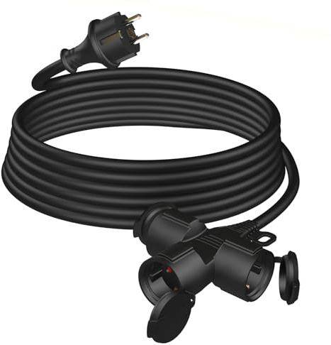 Verlängerungskabel Outdoor 5m mit 3 Schuko-Steckdosen, Gummi Verlängerung 3500W mit Schutzkappe für den Außenbereich IP44, Stromkabel H05RR-F 3G1,5mm² mit 3-Fach Verteiler, 16A/250V, Schwarz