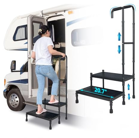 RV Steps with handrails 2 Steps Mobile Home Stairs Steps Outdoor Hot tub Steps with Two handrails Height Adjustable Step Stool Portable Stairs for 5th Wheel RV, Motor Home, Travel Trailer, Camper
