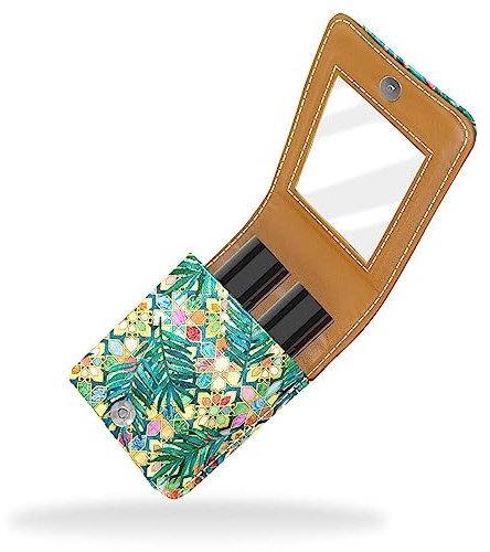 Damen-Make-up-Lippenstift-Etui aus PU-Leder, Lippenstift-Etui mit Spiegel, süßes tragbares Make-up-Reiseetui für Geldbörse, Lippenstift-Halter,Retro Art Marokkanische Fliesen Palmblätter