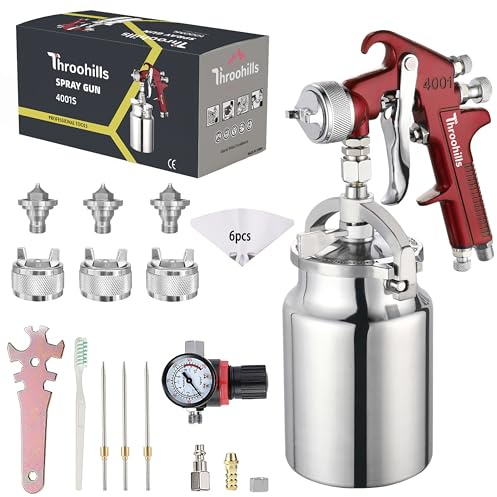 Throohills Siphon Feed Spray Gun Set for Piant with 1.4/1.7/2.0mm Nozzle, 1000cc Cup and 6pcs Paint Strainers for Cars & HousePainting Gun(Red)