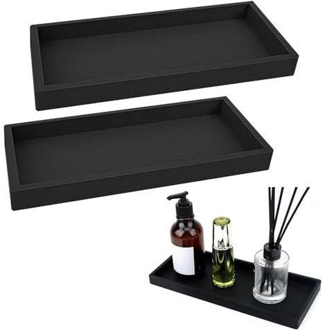 Ahaimy 2 Stück Badezimmer Tablett Schwarz, Kleines Rechteckiges Deko Tablett für Arbeitsplatte, Waschtisch, Küchenspüle und Toilettenschüssel