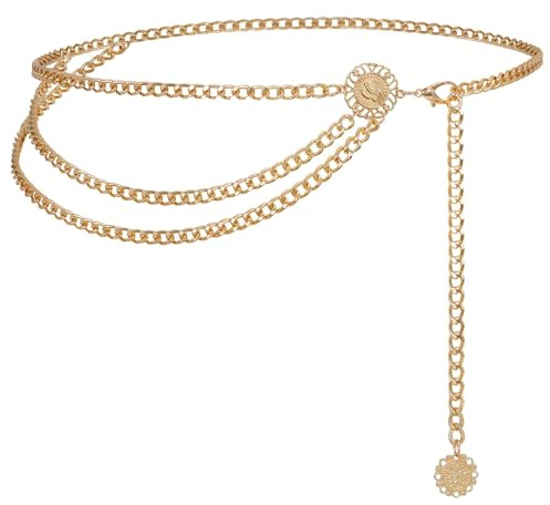 WHIPPY Multi Layer Metal Waist Chain Belt for Women Girls Adjustable Fashion Bling Body Link Gold Belt for Jeans Trousers Dresses,Gold(sun), fit waist size up to 46