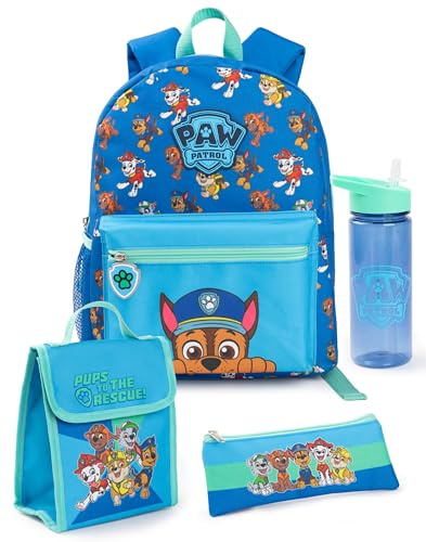 Paw Patrol Juego de mochila Boys | Paquete de mochila azul y verde de 4 piezas para niños con mochila escolar, estuche de lápices, bolsa de almuerzo y botella de agua | Chase Dog Set Completo