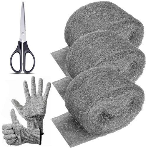 Apalie 3 Stück 8,1 cm x 3,5 m Stahlwolle Maus Kontrolllöcher für Haus und Garage, Bastelset mit Handschuhen und Schere